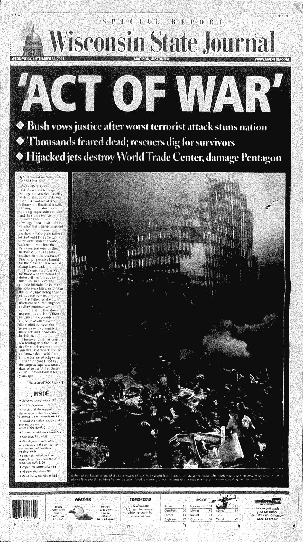 Wisconsin State Journal front page from Sept. 12, 2001